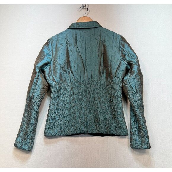 Ubu Women Crinkle Quilted Jacket Medium Metallic Teal Textured Travel Reversible - Picture 10 of 12